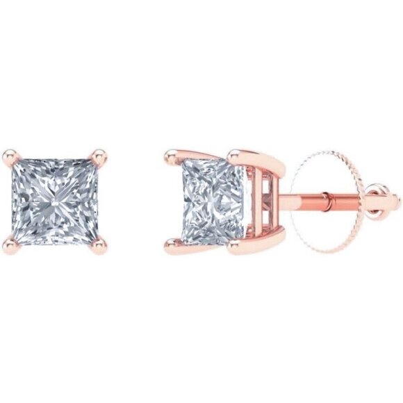 Small Pink Women's Solitaire Princess Cut Rose Gold Plated CZ Stud Earrings - Picture 1 of 5
